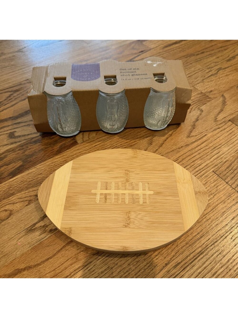 FOOTBALL CUTTING BOARD CHEESE BOARD AND SHOT GLASSES